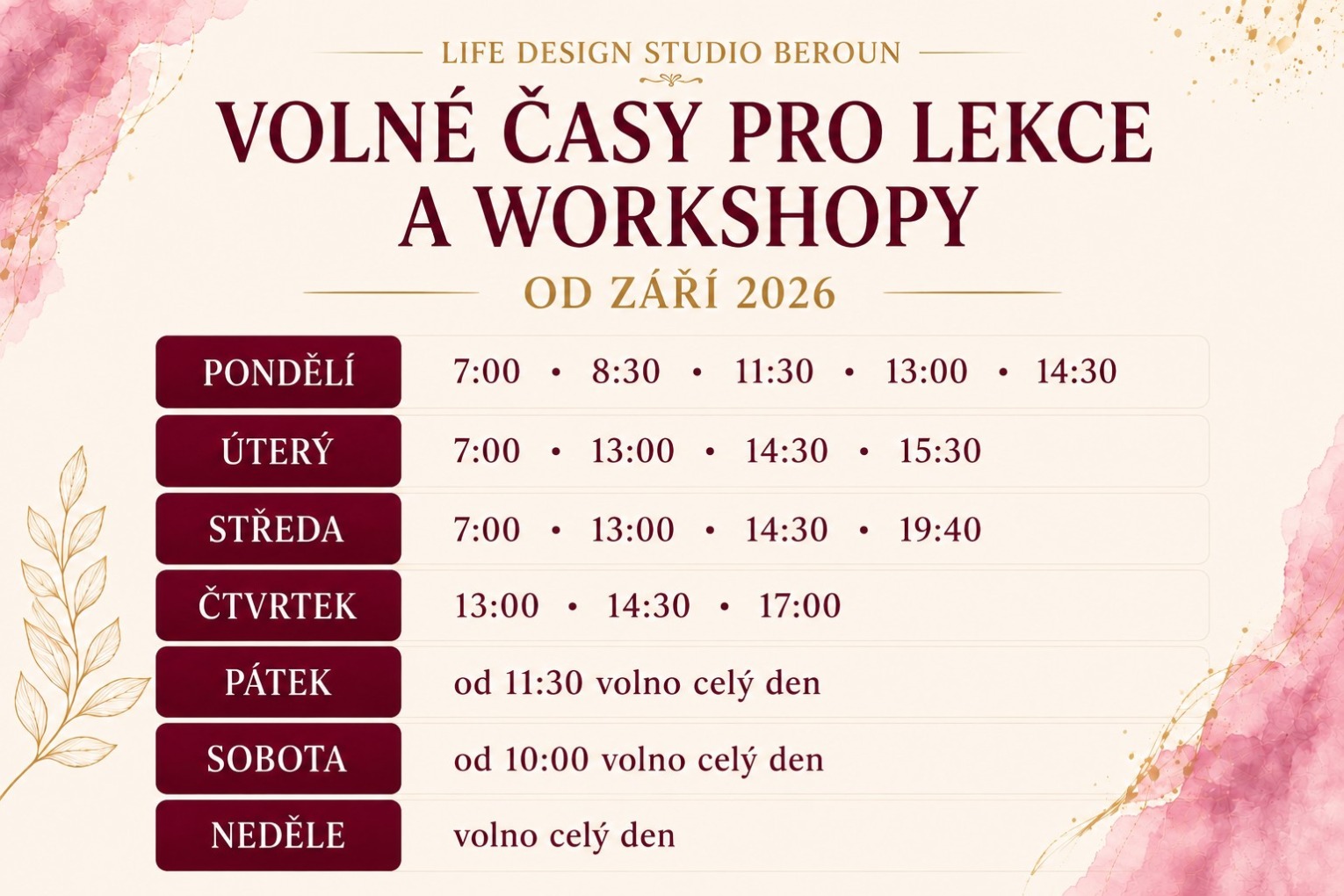 Volné časy pro lekce a workshopy Life Design Studio Beroun